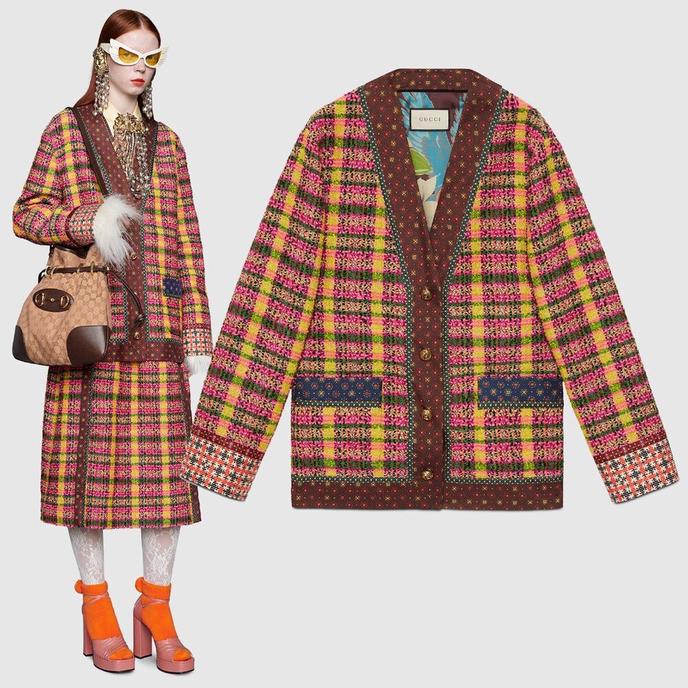 GUCCI JACKET CHECK TWEED CARDIGAN WOOL WITH SILK TRIMS sz 40 IT 4 US